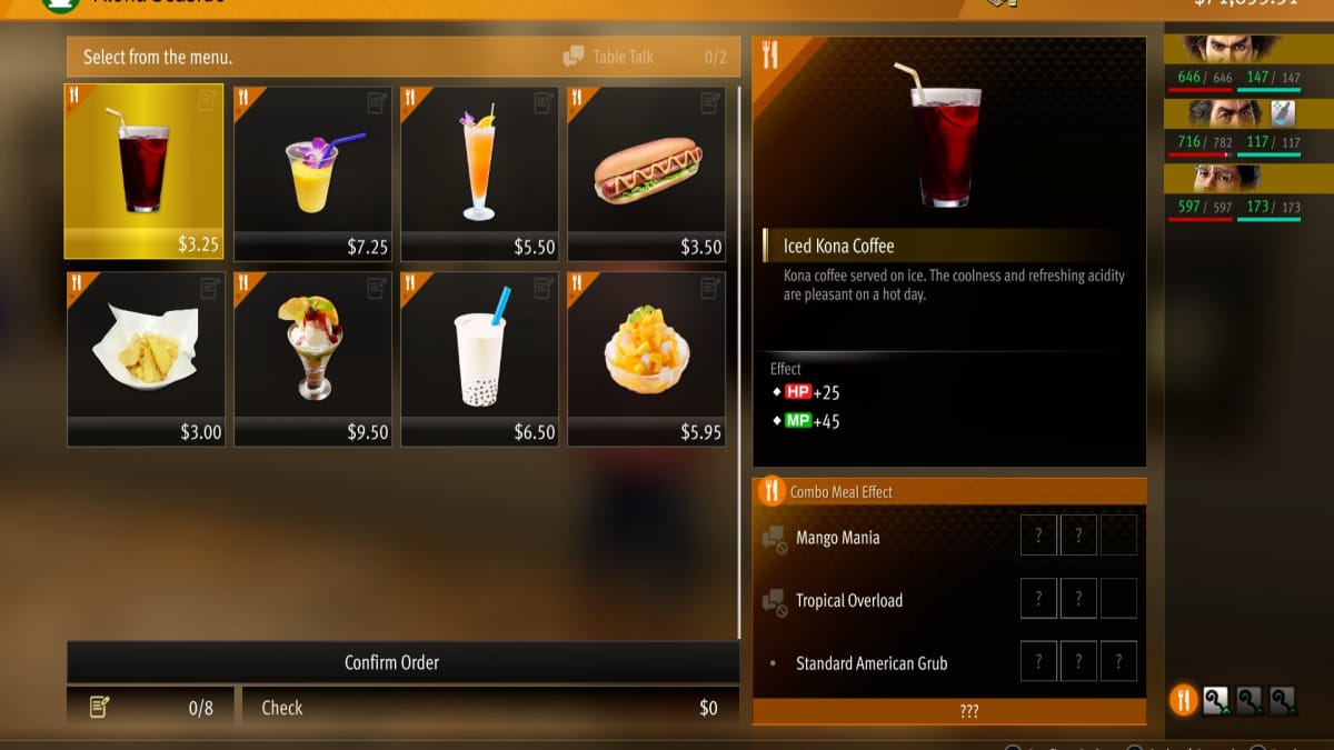 like a dragon infinite wealth screenshot showing the menu of a seaside hot dog and sundea sort of stall