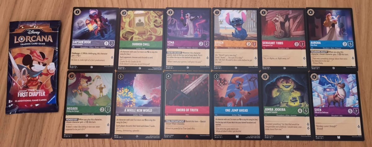 The 12 Disney Lorcana Cards in our First Chapter Booster Pack 16.