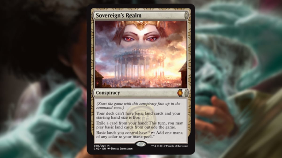 magic the gathering card in gold with art depicting a pair of otherworldy eyes floating over some sort of colluseum 