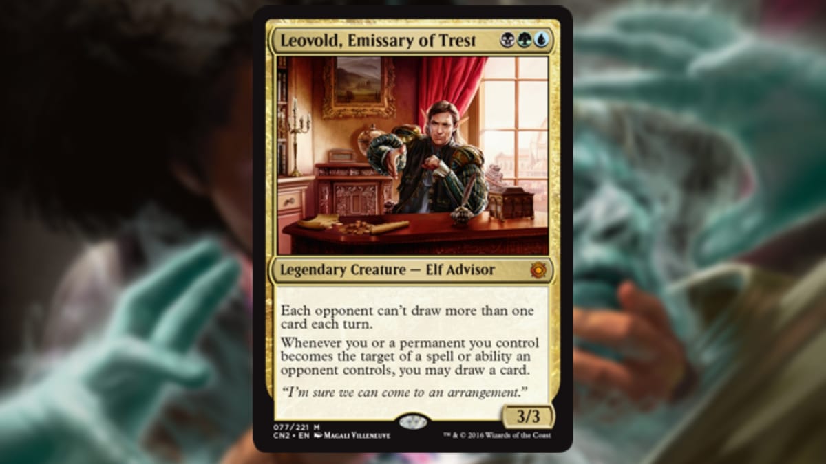 magic the gathering card in gold with art depicting an elf reaching his hand across a desk towards the viewer as if to shake 