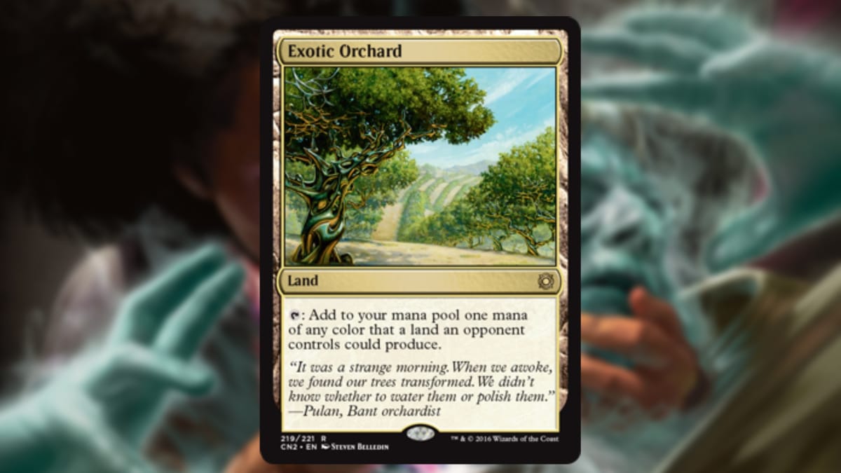 magic the gathering card in gold with art that depicts a glorious orchard stretching as far as the eye can see 