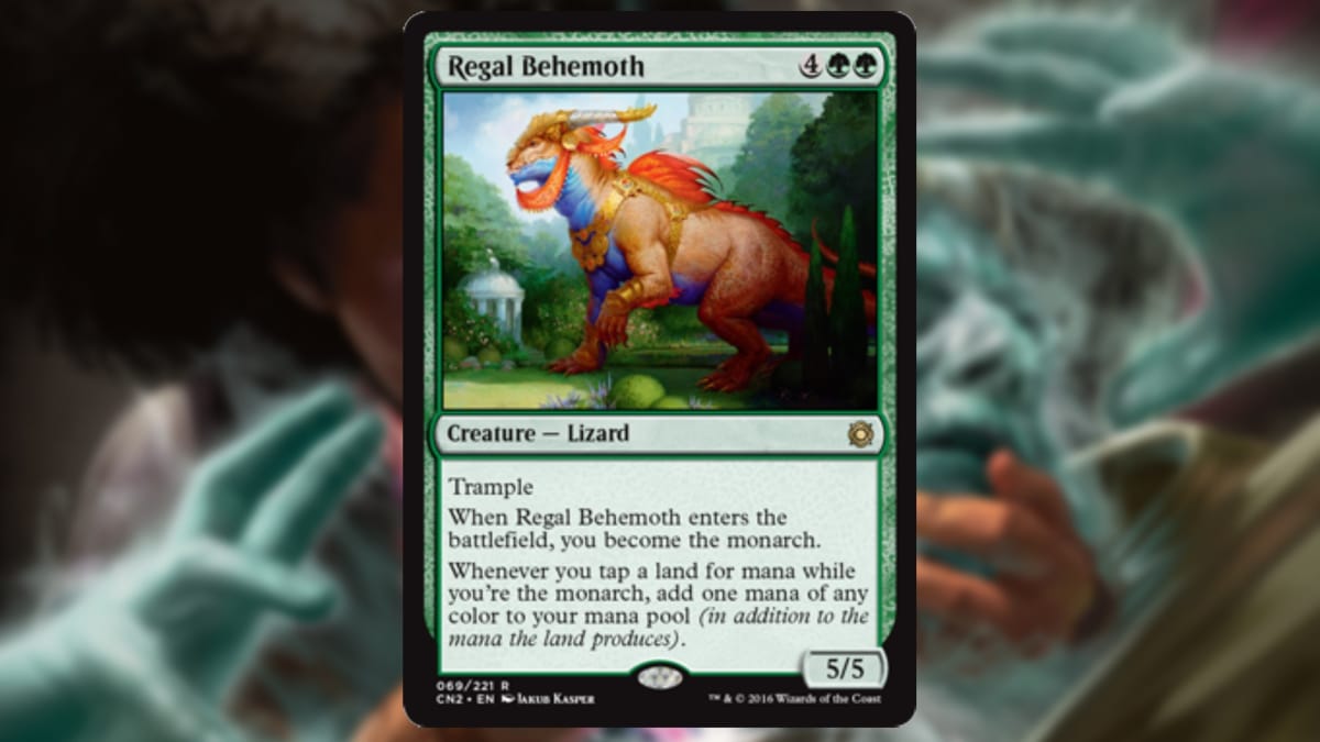 magic the gathering card in green with art depicting a giant quadrapedal monster decorated with huge feathers and banners