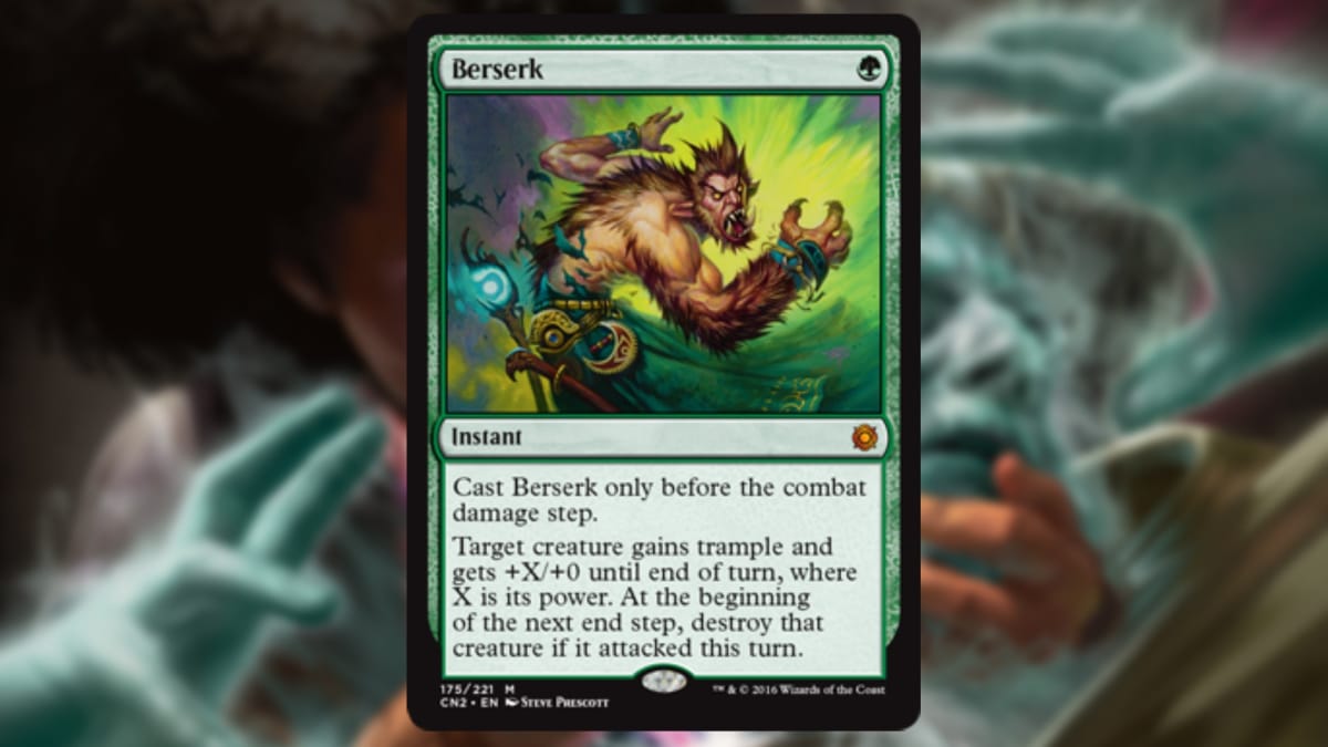 magic the gathering card in green with art depicting a green robed mage turning into a werewolf like creature