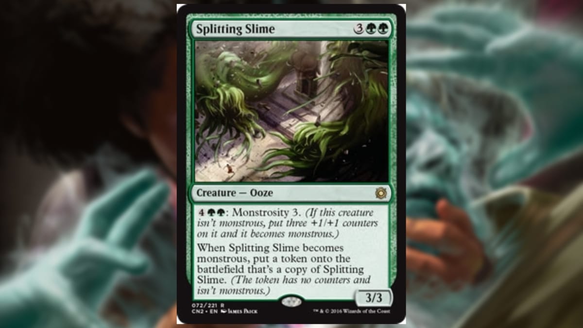 magic the gathering card in green with art showing huge slimy tendrils oozing out of a massive building with people running away from it