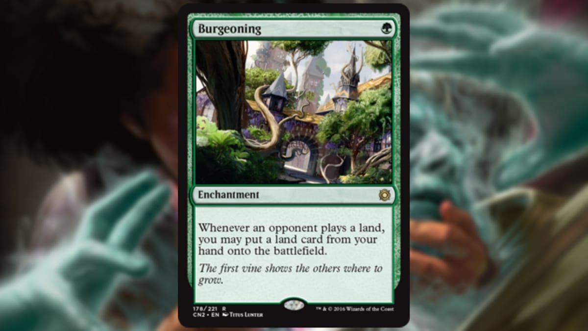 magic the gathering card in green with art showing trees that have grown through a series of houses and streets