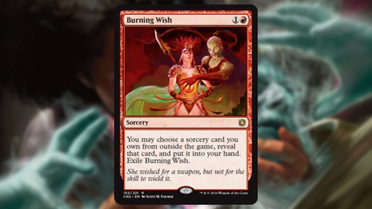 magic the gathering card in red with art of a strange figure holding a burning hand over the breast of another soldier 