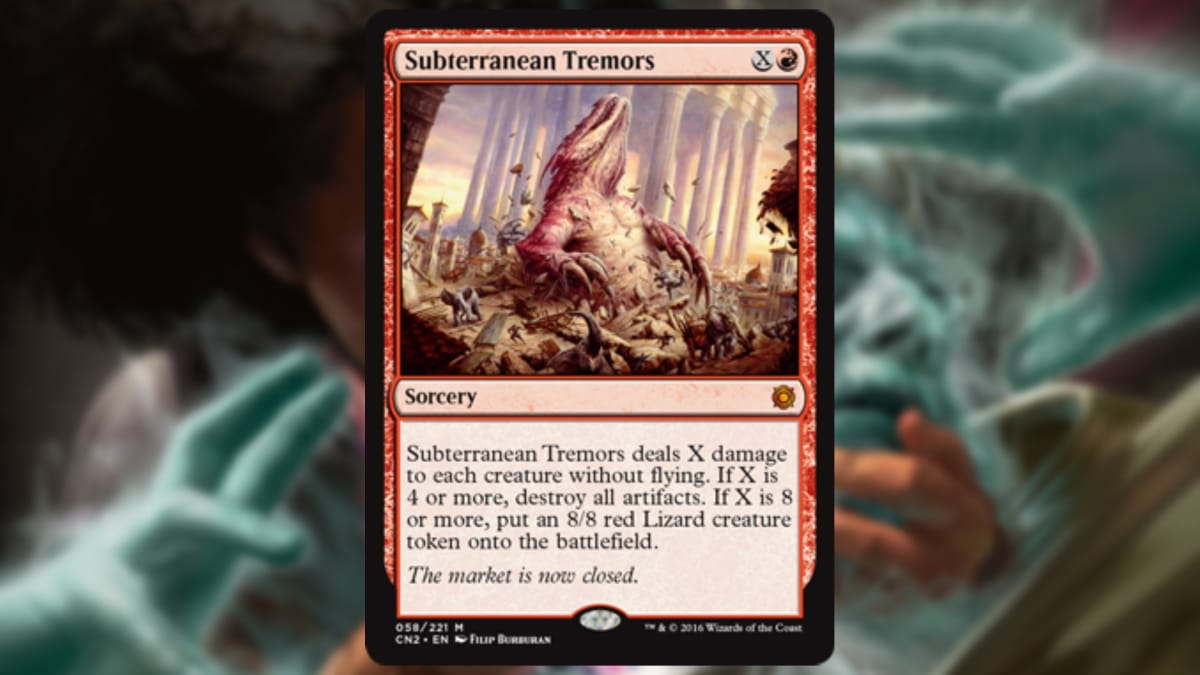 magic the gathering card in red with art showing a quadrapedal monster bursting out of the ground with people and tiles flying everywhere