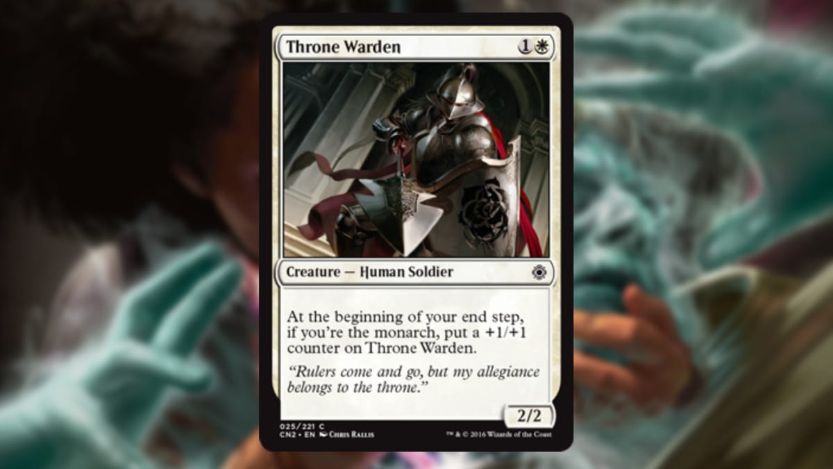 magic the gathering card in white with art depicting a silver knight pointing his sword at the viewer