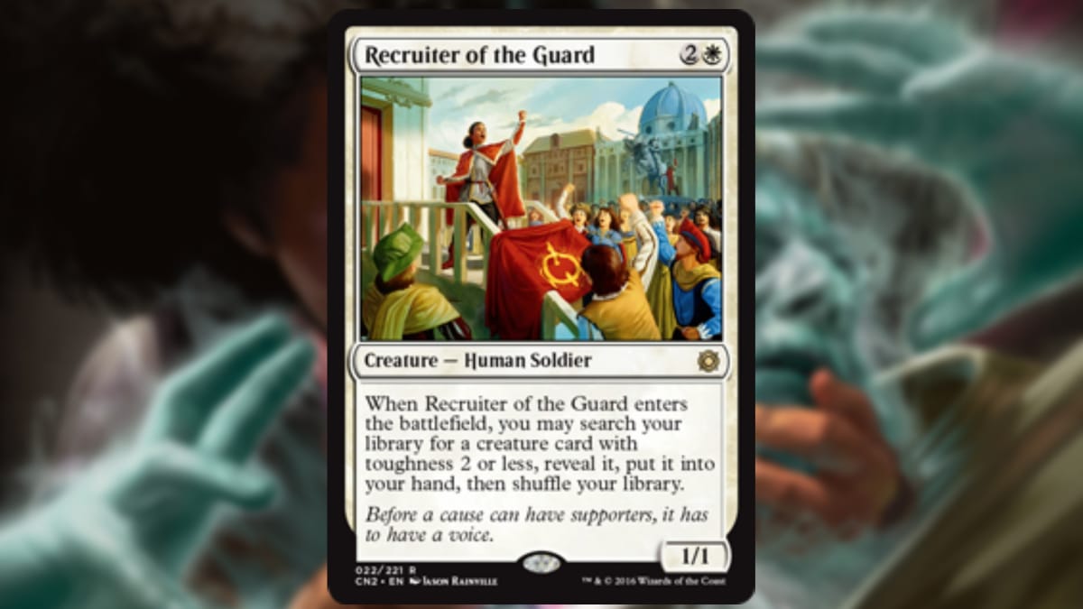 magic the gathering card in white with art of a woman seemingly calling a crowd to action with her fist raised as many in the crowd copy her