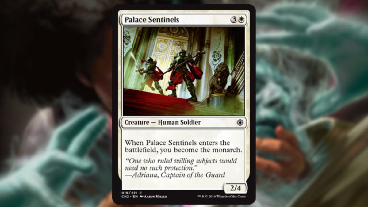 magic the gathering card in white with art showing several heavily armored knights guarding a doorway together
