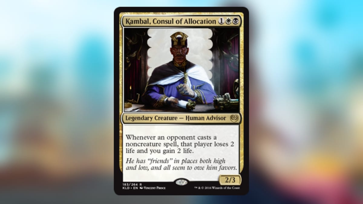 magic the gathering card with golden border adn art of an important looking official sitting at a desk with their face covered by shadows