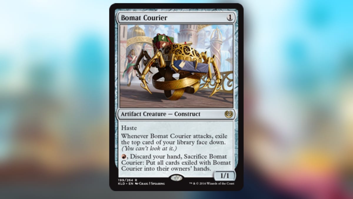magic the gathering card with no color and art depicting a gold and brass colored construct with wheels delivering packages