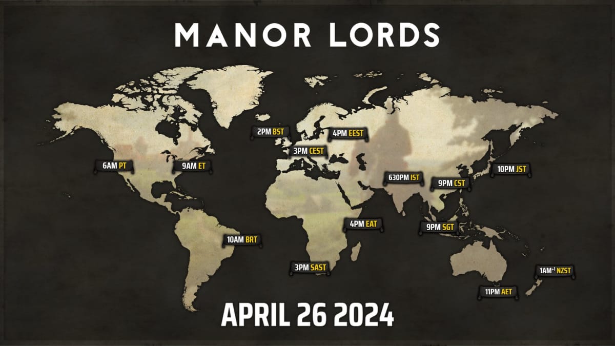 A map showing the global release timings for Manor Lords