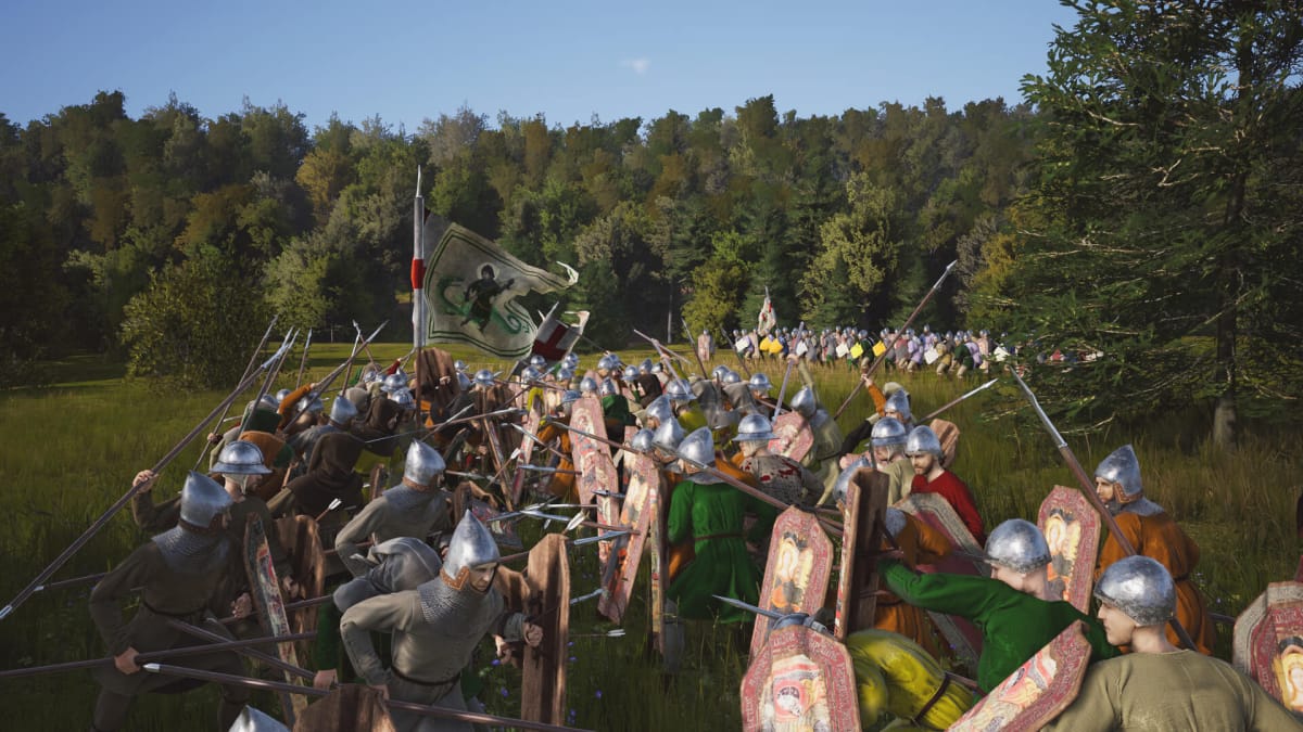 A battle between two armies in Manor Lords