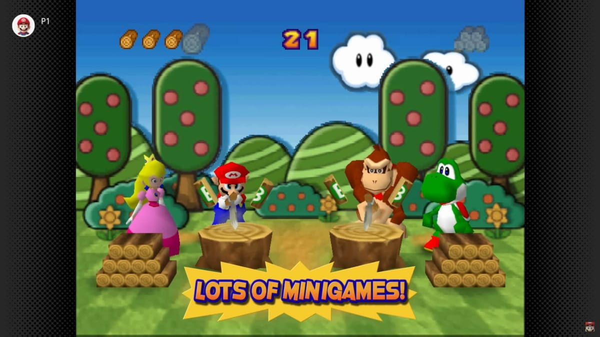 Mario, Peach, Donkey Kong, and Yoshi competing to chop wood in a Mario Party 3 minigame on Nintendo Switch Online