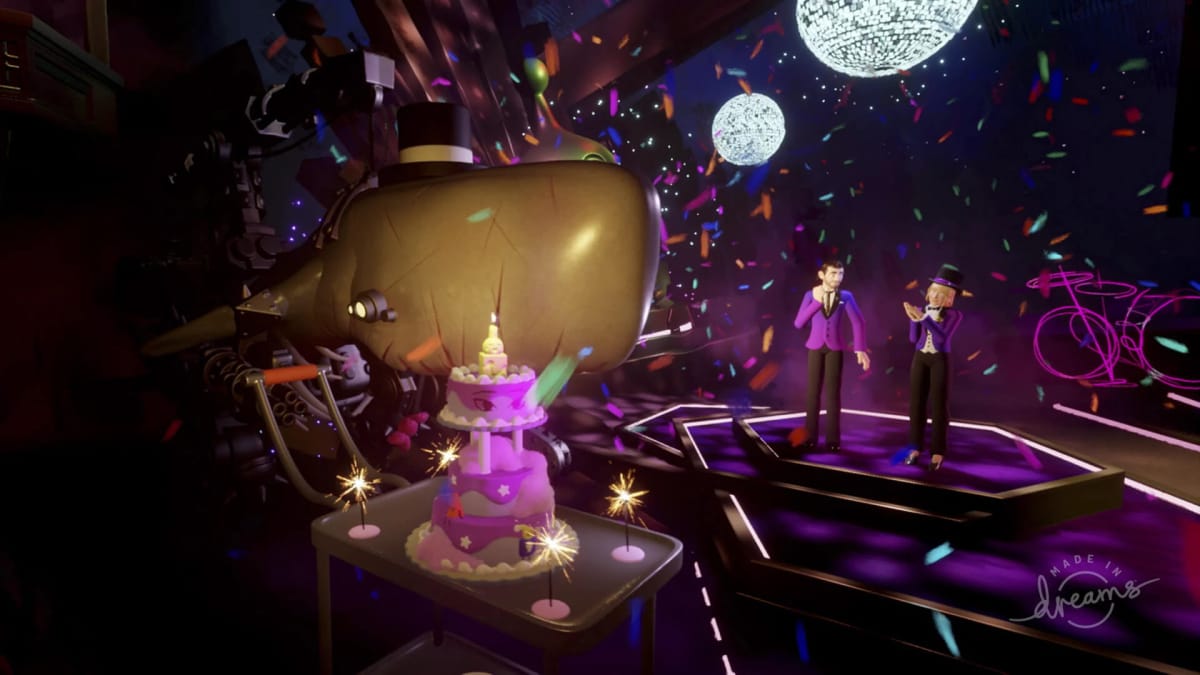 A celebration with a birthday cake and a whale in a top hat (yes, really) in Media Molecule's Dreams