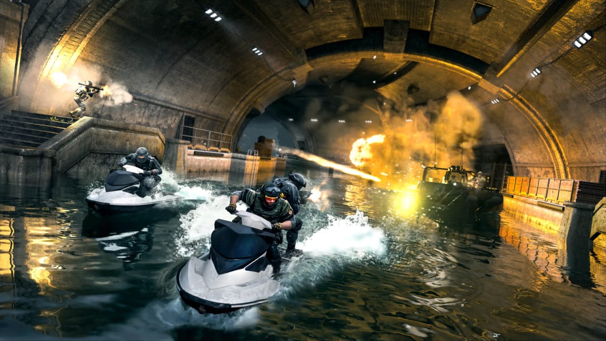 Soldiers riding jetskis away from an explosion in Call of Duty: Modern Warfare 2, an Activision Blizzard game