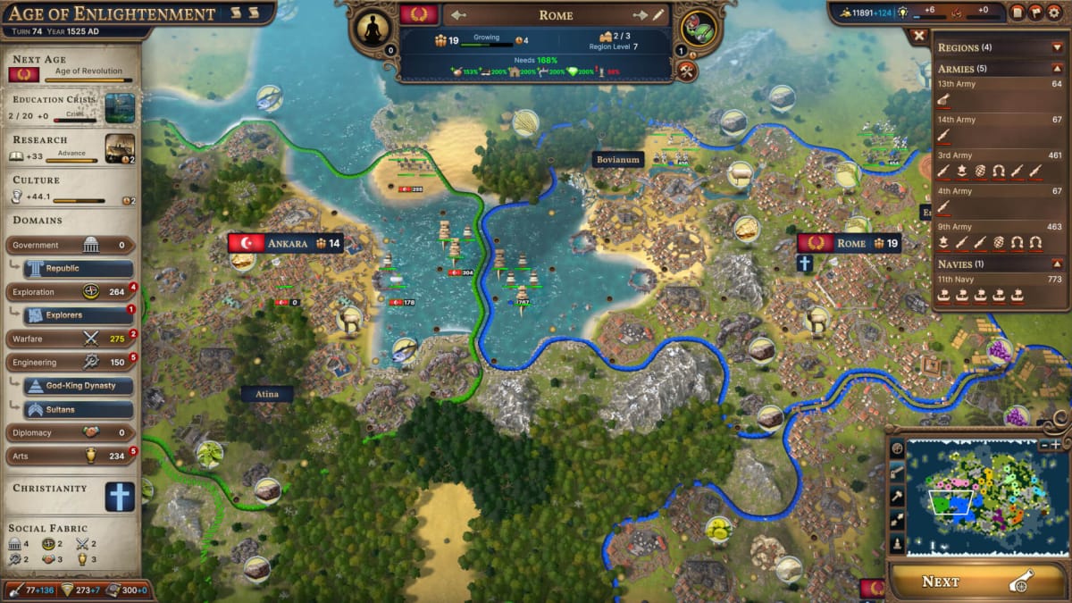 A gameplay screenshot of Millennia, showing menus and a map