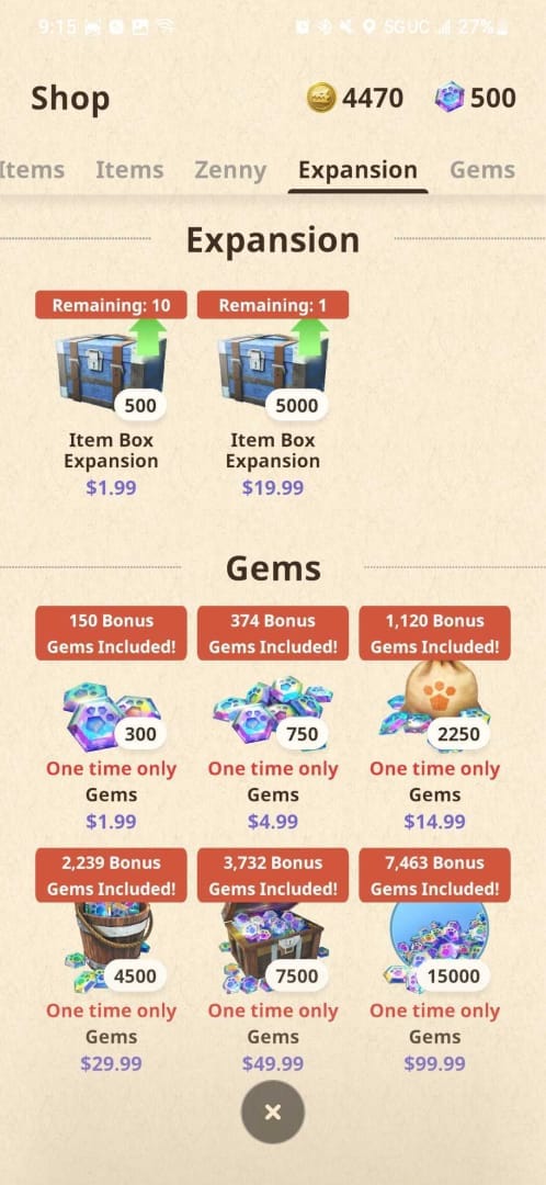 A list of gem bundles that players can purchase with real money in Monster Hunter Now