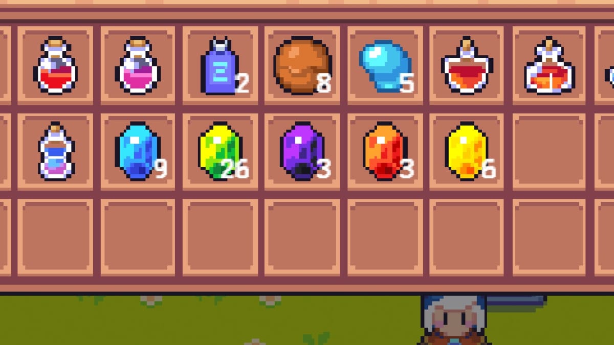Moonstone Island screenshot showing a menu filled with different colored gems and potions
