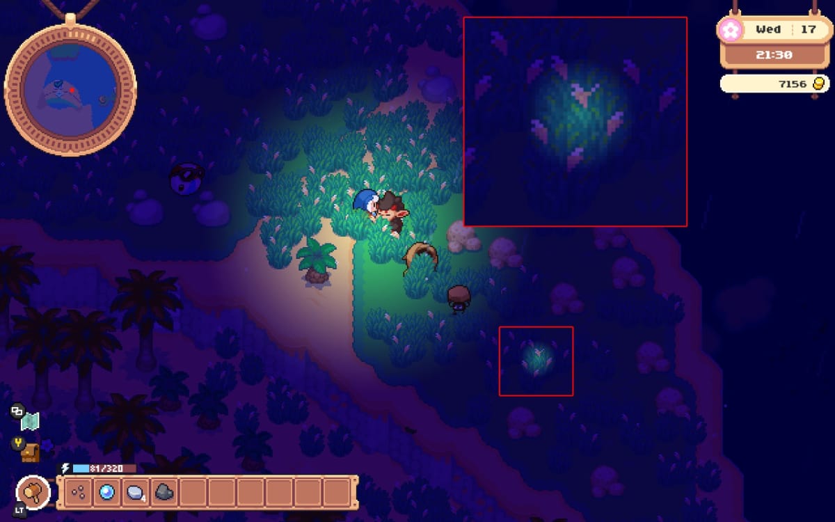 Moonstone Island screenshot with an annotation highlighting the glowing spot in the grass at night time