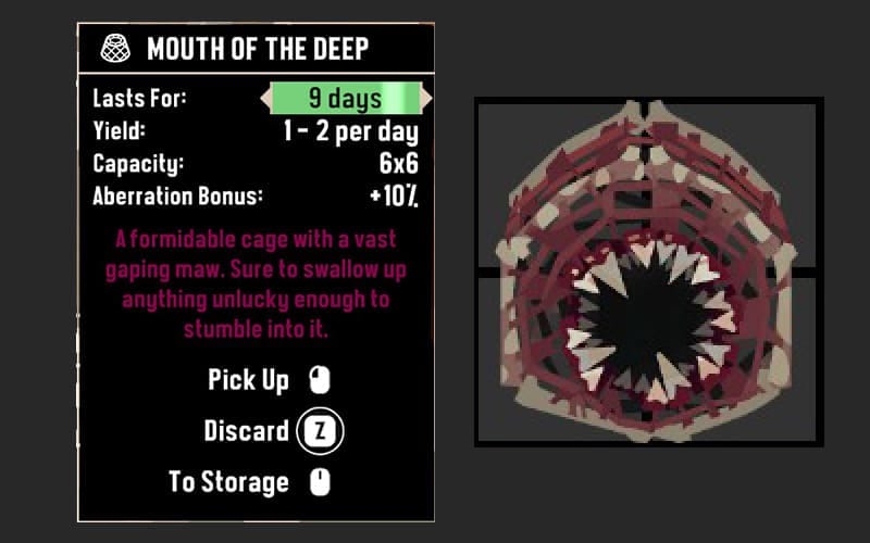 image of the mouth of the deep crab pot with its stats in dredge
