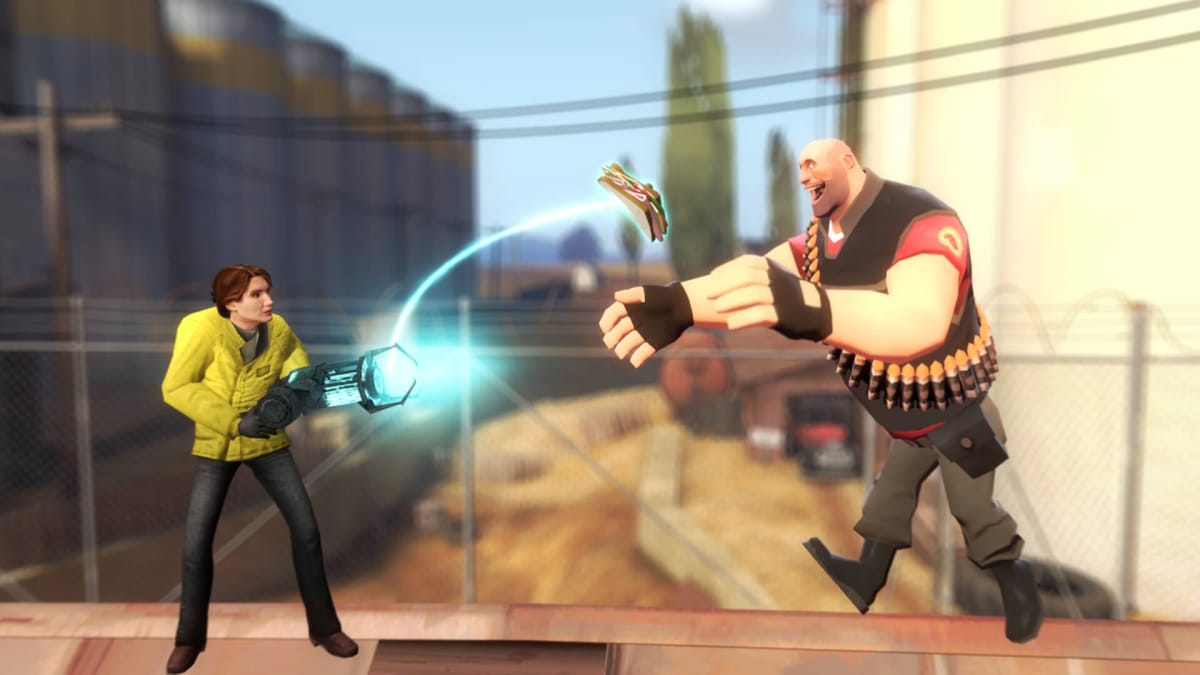 Judith Mossman using the Gravity Gun to manipulate a sandwich into the Heavy's mouth in Garry's Mod