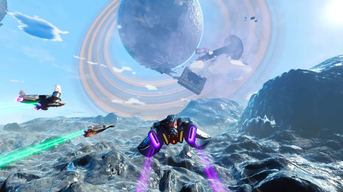 Ships racing towards a debris field with a ringed planet in the background in the No Man's Sky Omega Update