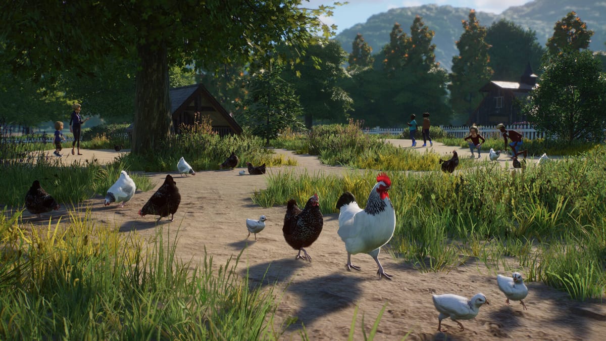 Chickens strutting around in the Planet Zoo Barnyard Animal Pack DLC