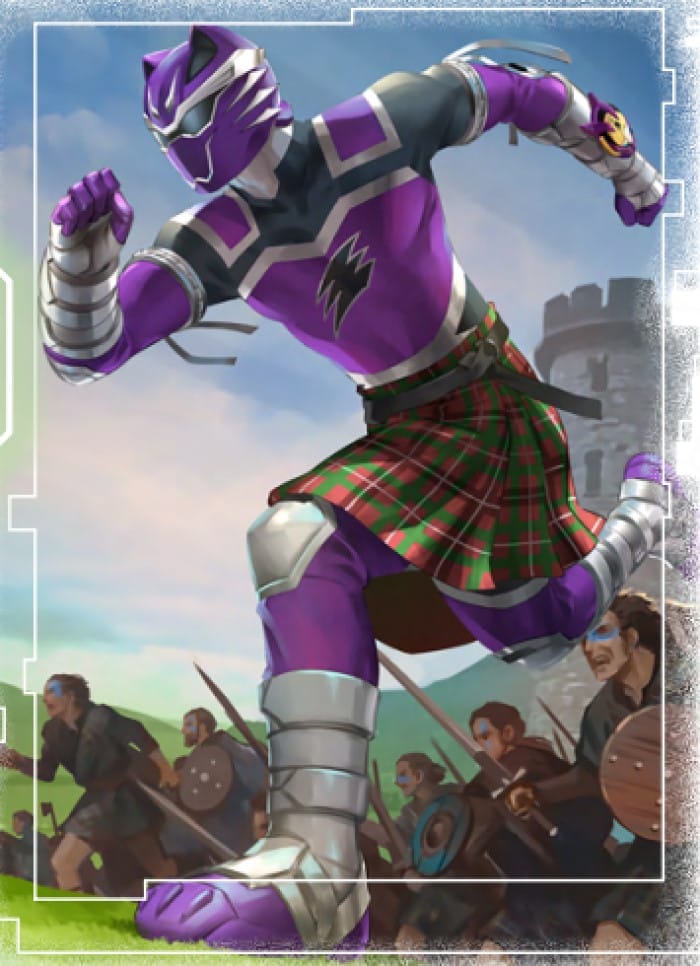 Artwork from Power Rangers: A Jump Through Time, showing a purple ranger in a kilt fighting alongside Scottish warriors in front of an ancient castle