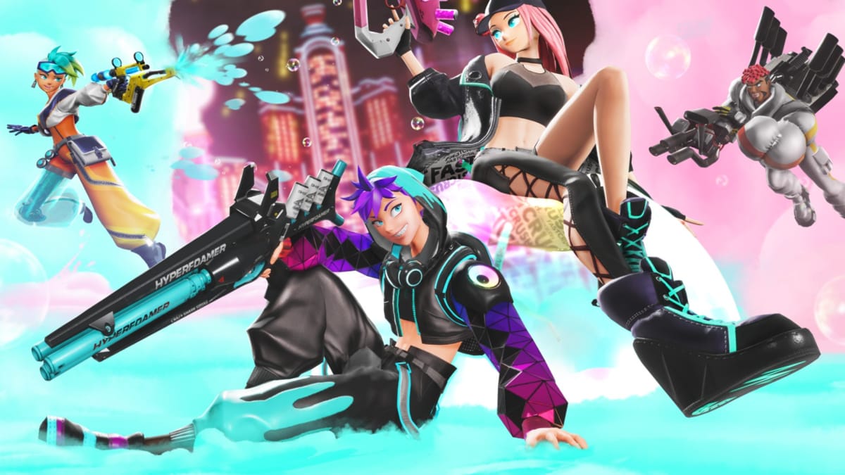 Multiple characters can be seen holding guns and surrounded by foam