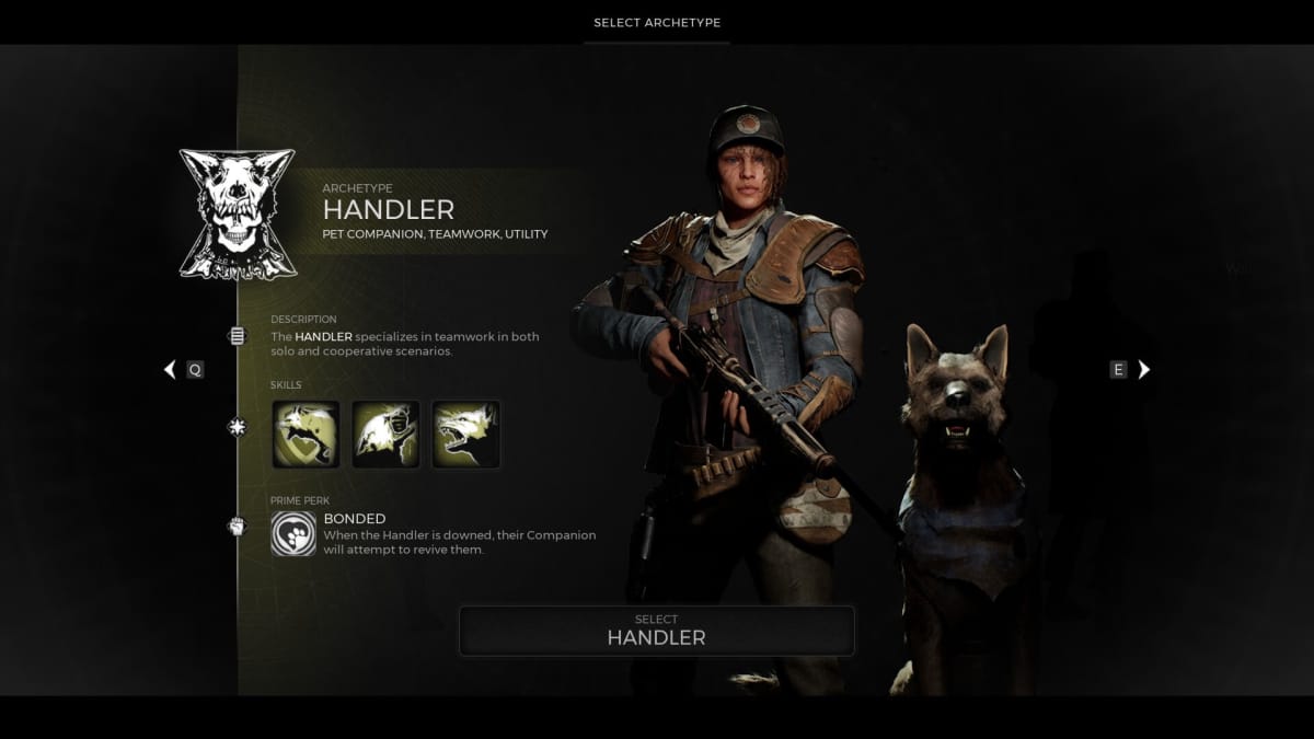 A menu showing The Handler Archetype, with the main character standing next to a dog.