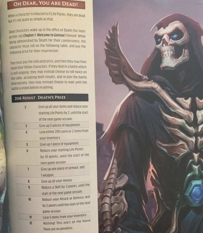 A screenshot of Runescape Kingdoms The Roleplaying Game core rulebook depicting and explaining character death.