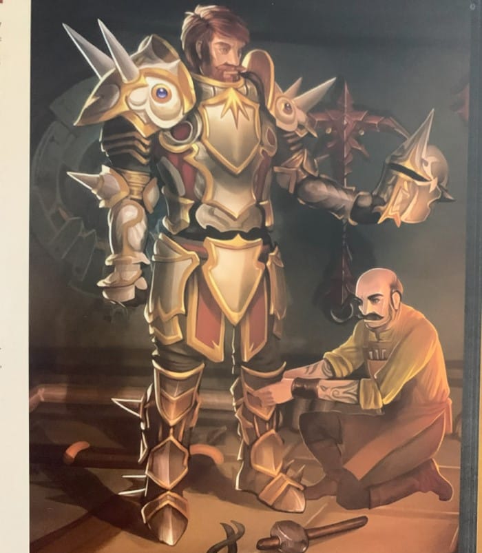 A screenshot of artwork from Runescape Kingdoms The Roleplaying Game showing a man getting fitted for knight armor, a blacksmith is holding the helmet