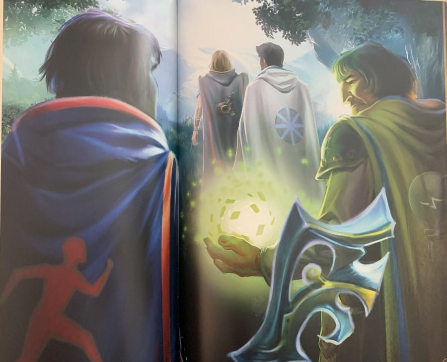 A screenshot from the Runescape Kingdoms The Roleplaying Game core rulebook depicting artwork of adventurers with skill capes.