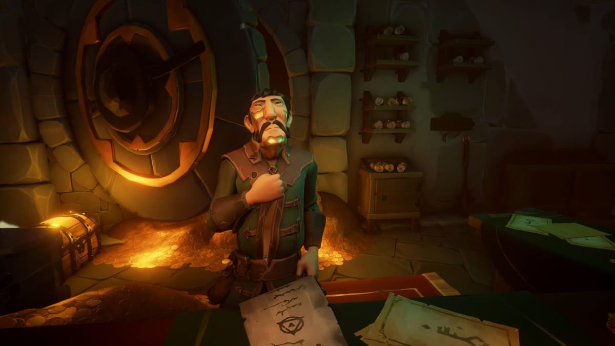 A character sitting behind a desk as part of a trading company in Sea of Thieves