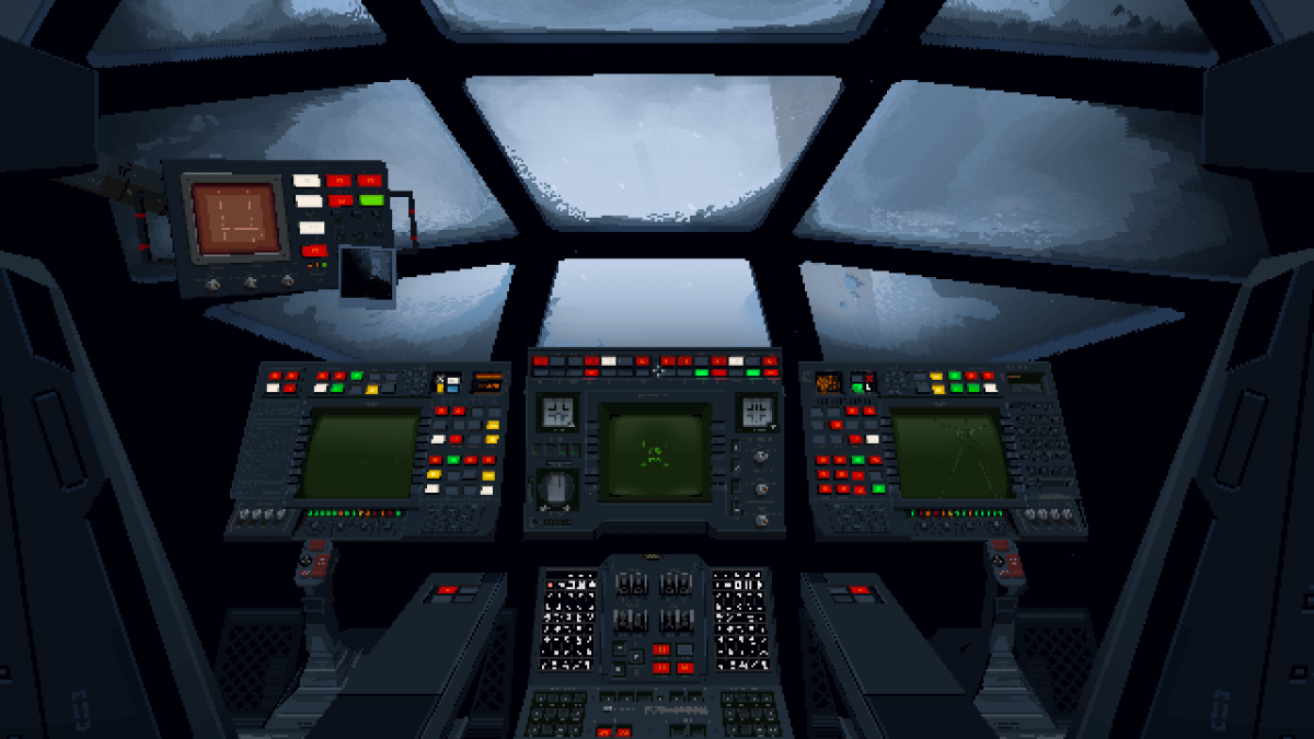 A gameplay screenshot of SIGNALIS, showcasing a 3d interior of a spaceship's cockpit.