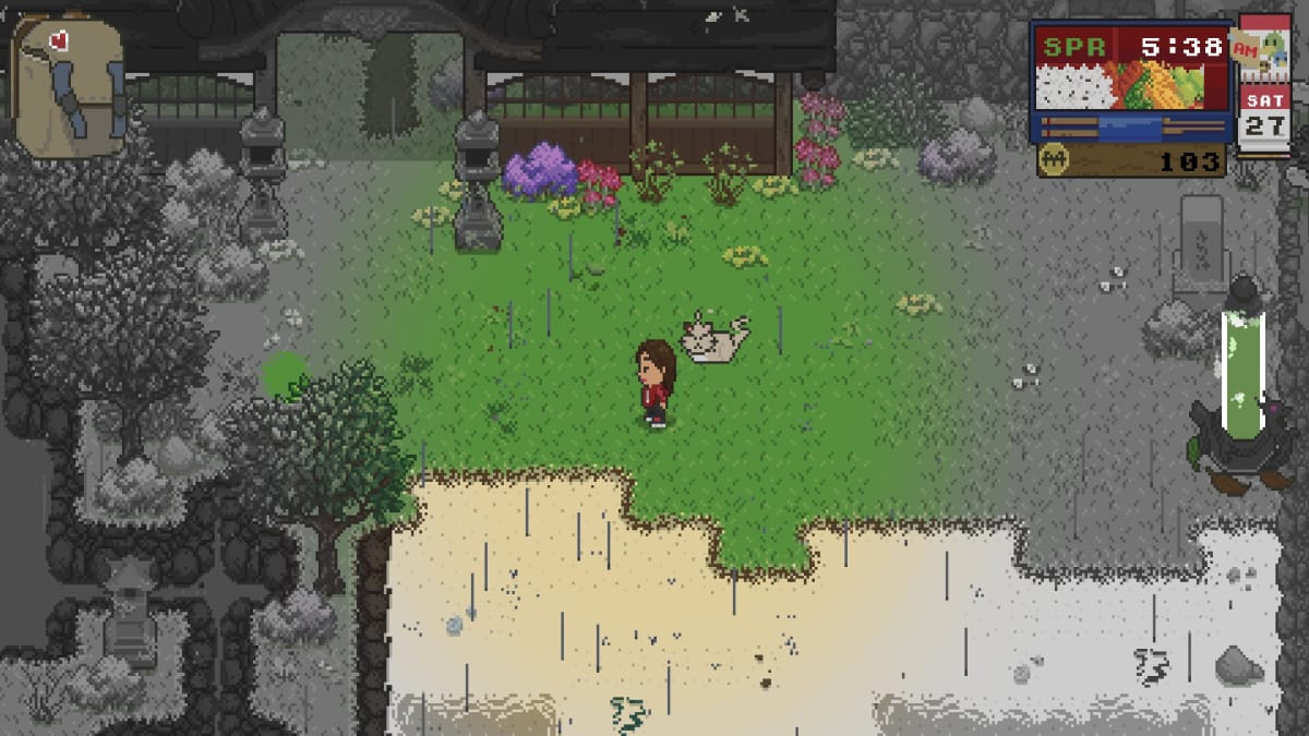 Spirittea screenshot showing a glowing circle of color around a character stood on a grassy beach