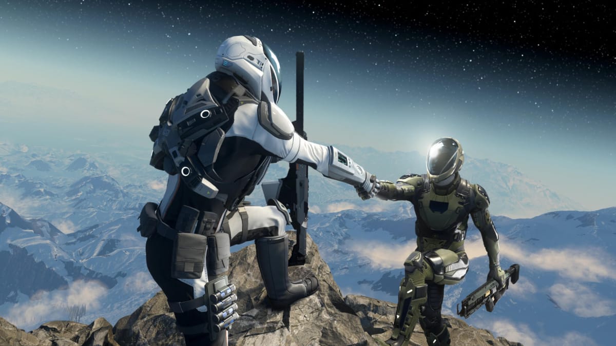 A character in a spacesuit helping another character up onto a rock in Star Citizen