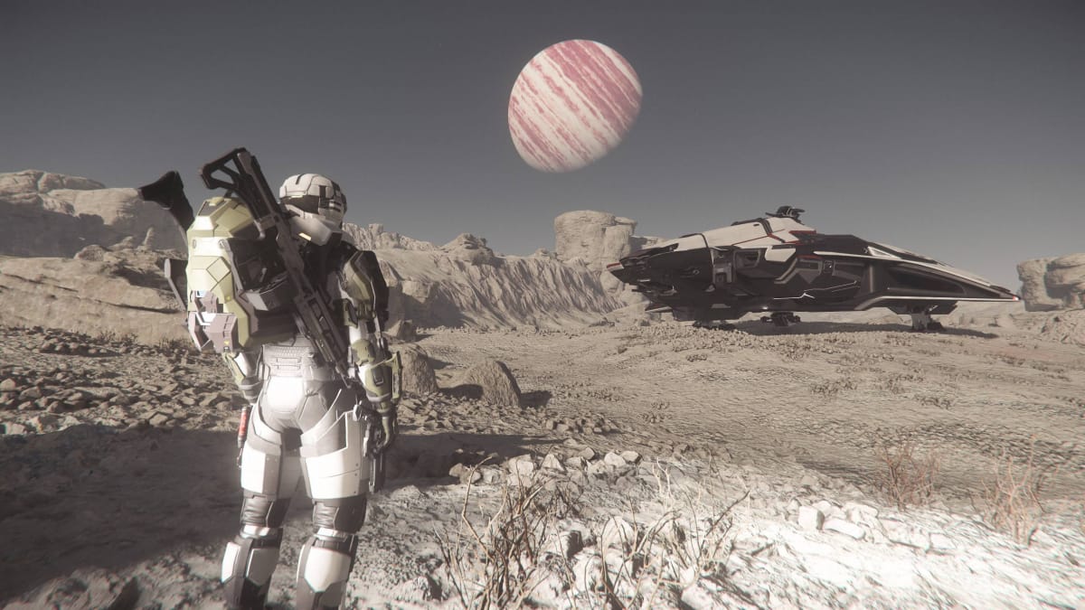 A player anda Mercury Star Runner on a Moon in Star Citizen