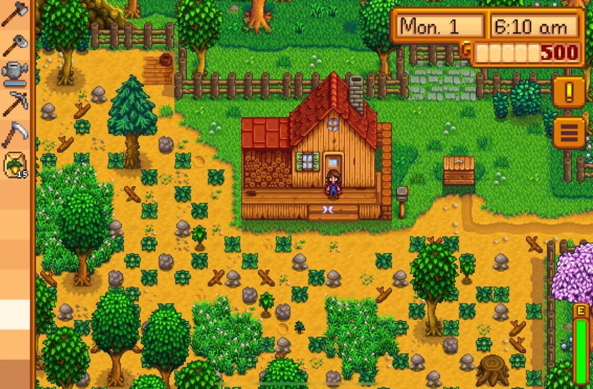 The player stands at their farm at the start of Stardew Valley