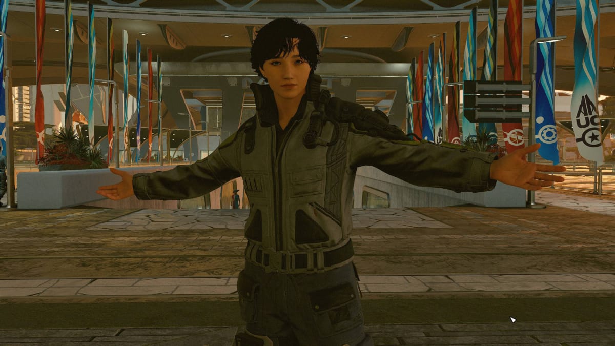 A female character posing in Starfield