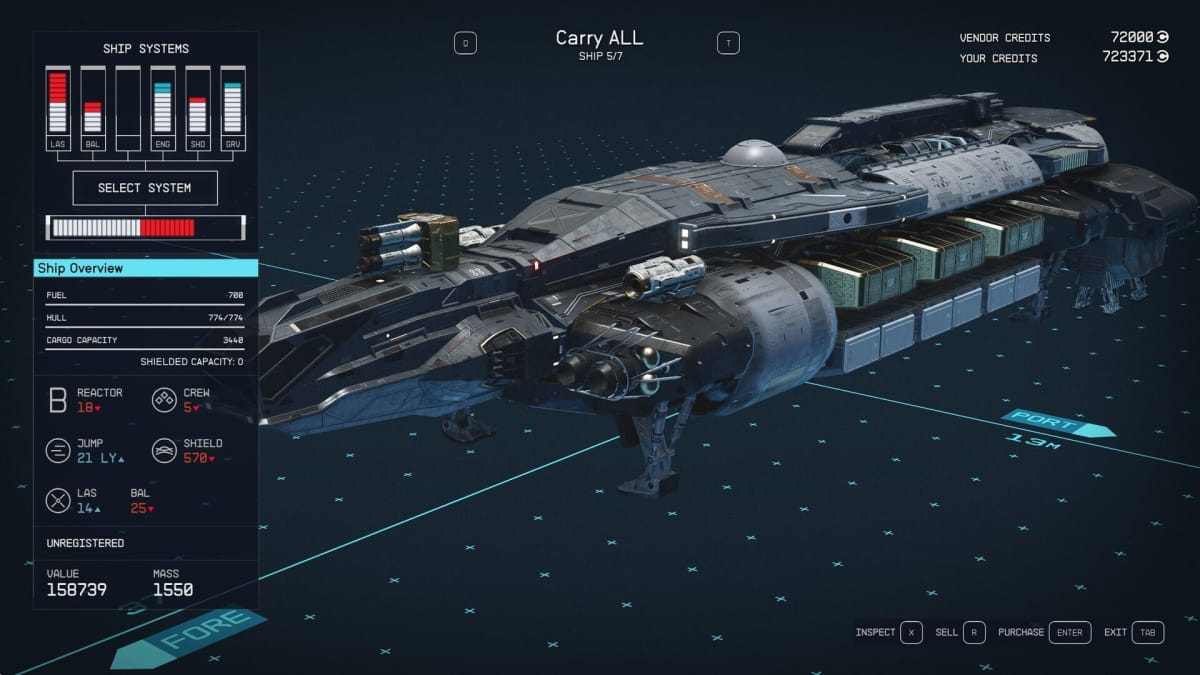 Starfield Carry All Ship Stats Page