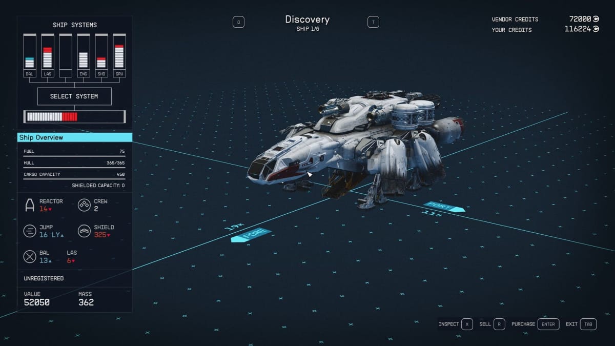Starfield Discovery Ship Stats Page