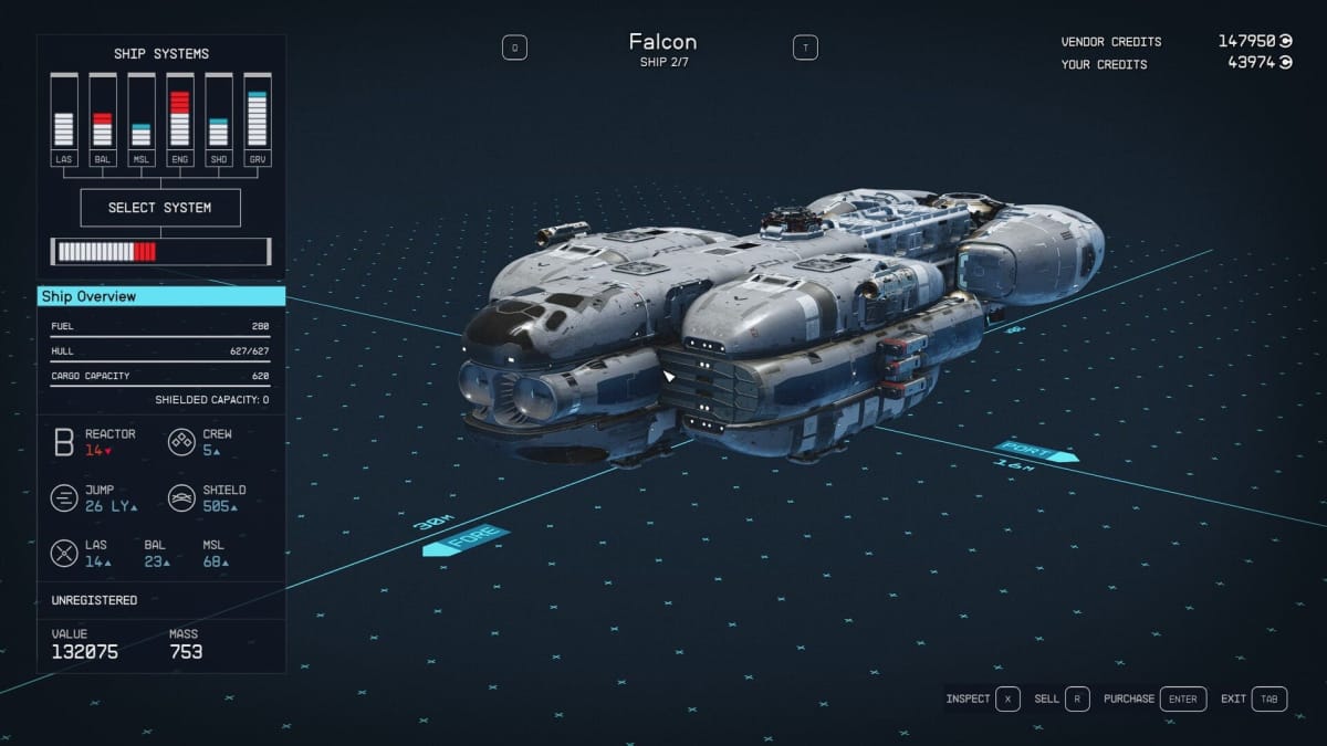 Starfield Falcon Ship Stats Page