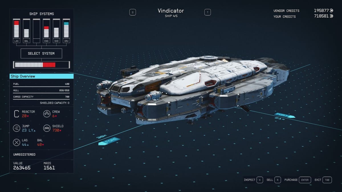 Starfield Vindicator Ship Stats Page