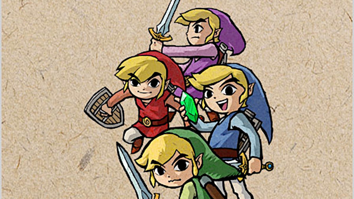 The four different-colored Links in The Legend of Zelda: Four Swords Anniversary Edition