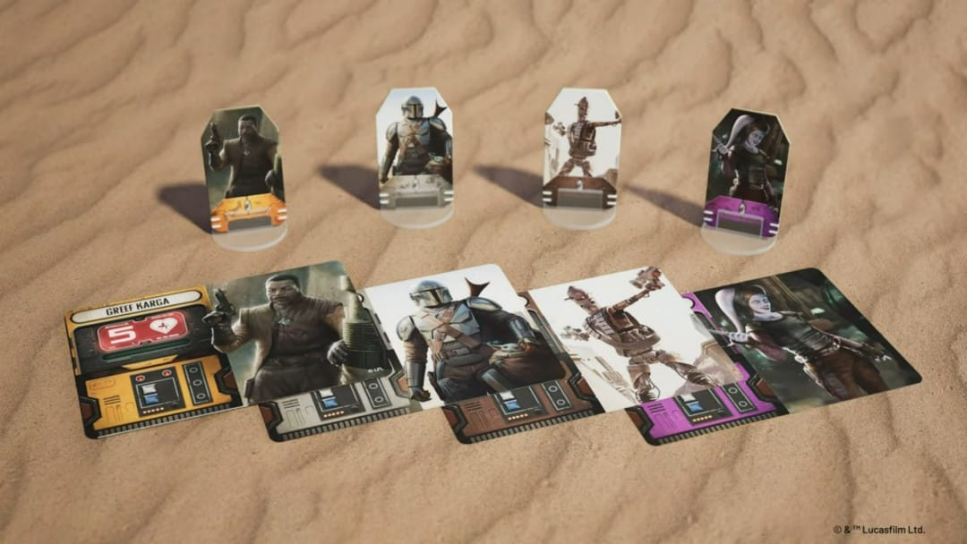 A screenshot of The Mandalorian: Adventures, showing four playable character cards and standees.