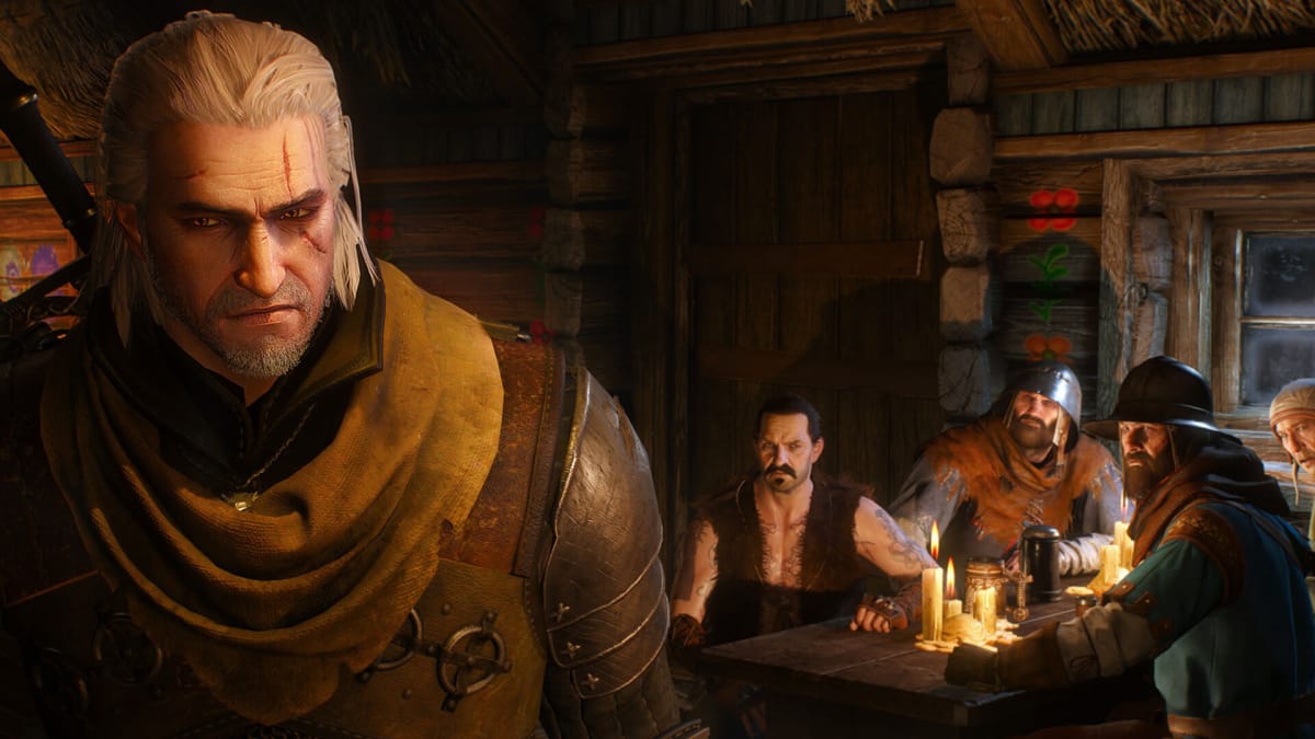 A group of drinkers look at Geralt distrustfully in a pub in The Witcher 3