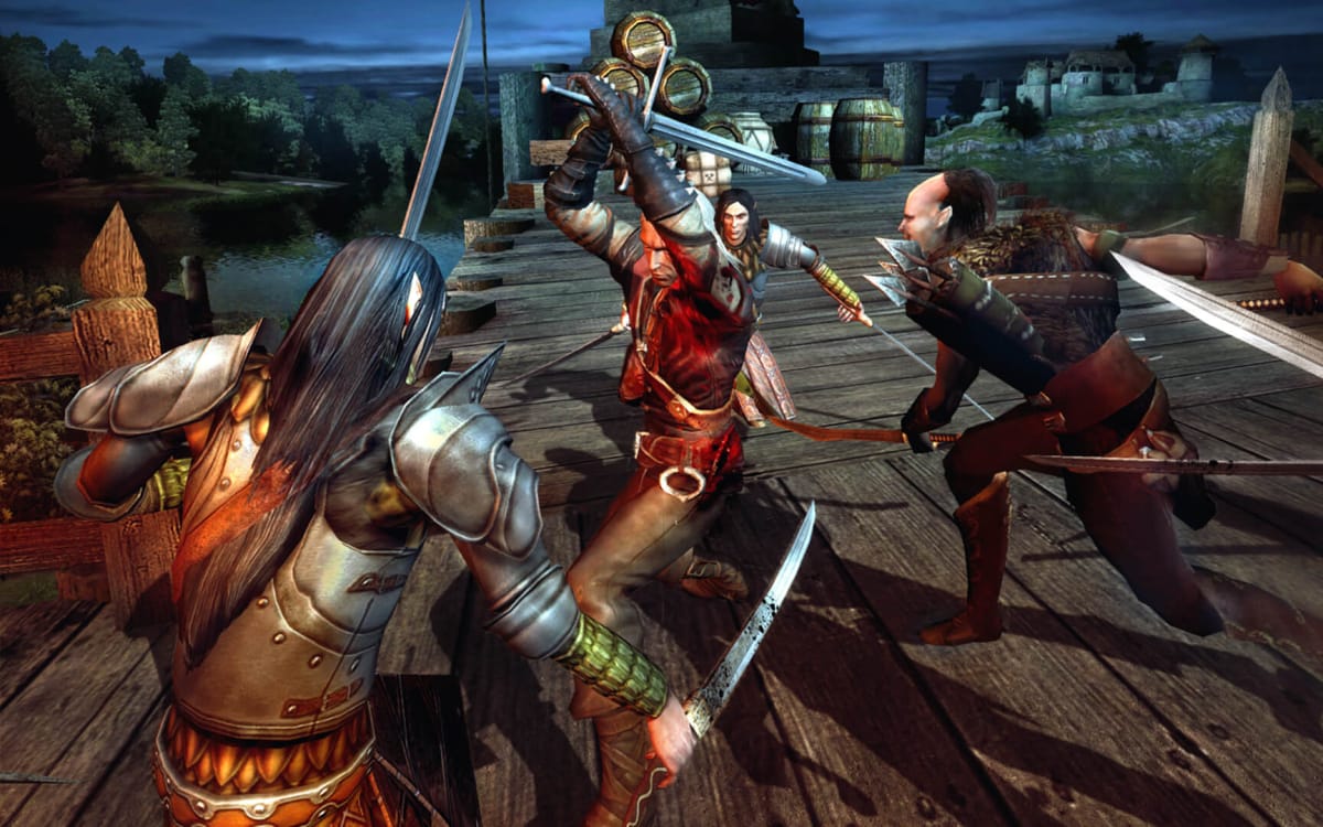 Geralt fighting off a handful of enemies on a wooden bridge in CD Projekt Red's original The Witcher